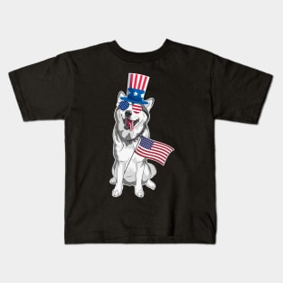 Siberian Husky Uncle Sam Hat Sunglasses Usa Flag 4th Of July Kids T-Shirt